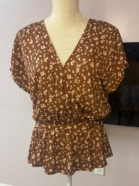 Nine West Brown and Cream Leopard-Print Peplum Top
